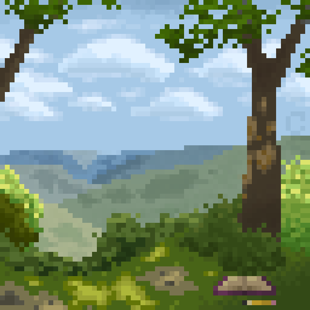 pixel art depicting a journal lying by a tree